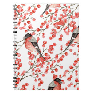 Red Berries Bullfinches Watercolor Pattern Notebook