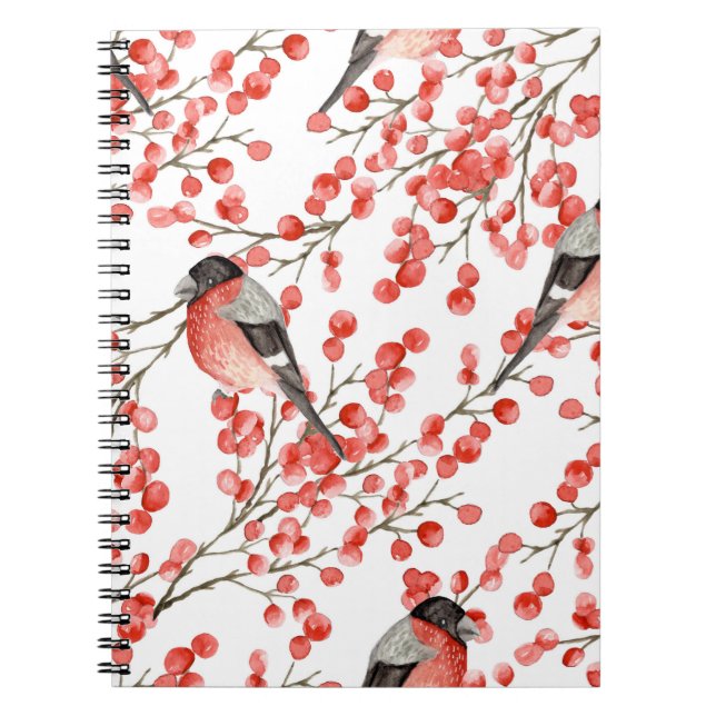 Red Berries Bullfinches Watercolor Pattern Notebook (Front)