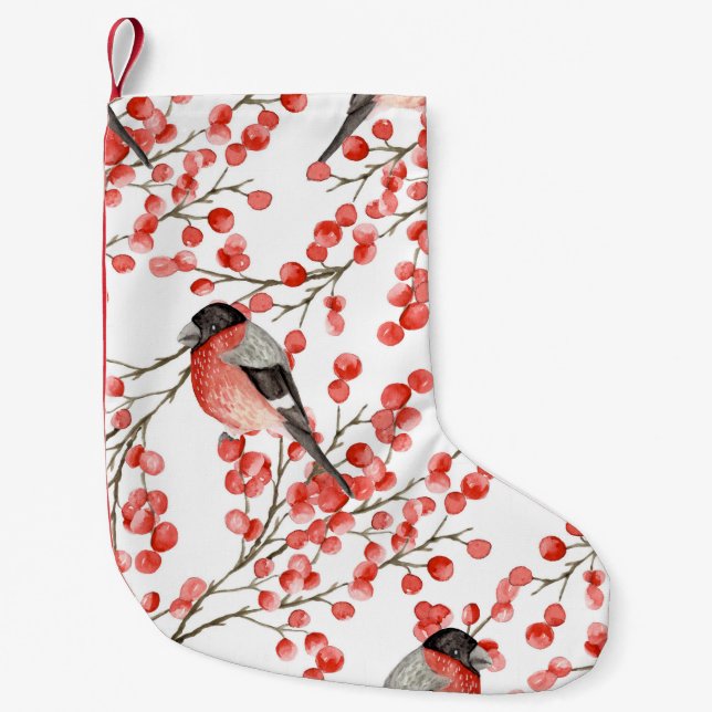 Red Berries Bullfinches Watercolor Pattern Small Christmas Stocking (Front)