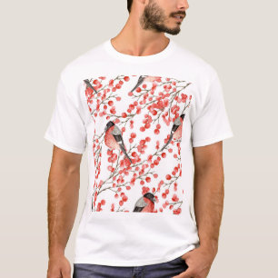 Red Berries Bullfinches Watercolor Pattern T-Shirt