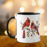 Red Berries Cardinal Birds Mug<br><div class="desc">This pretty personalised mug features a beautiful watercolor image of two red winter cardinals. The birds are perched on twigs with green leaves and red berries. The image is printed twice on the mug, with your name or other text between them. There's a smattering of tiny gold confetti to add...</div>