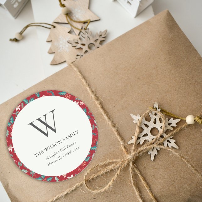 Red Berries Christmas Floral  Monogram Address Classic Round Sticker (Creator Uploaded)