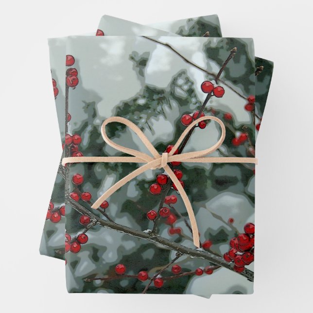 Red Berries Christmas Holiday Wrapping Paper Sheet (In situ)