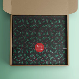 Red Berries Christmas Pattern Black Tissue Paper