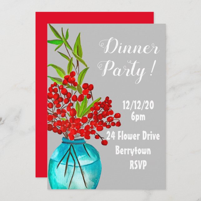 Red Berries elegant dinner party Invitation (Front/Back)
