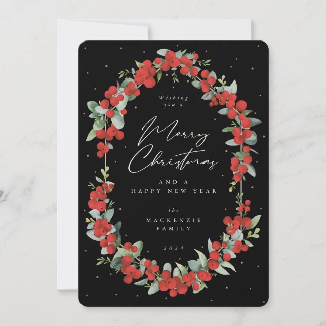 Red Berries + Eucalyptus Botanical Frame Christmas Holiday Card (Front)