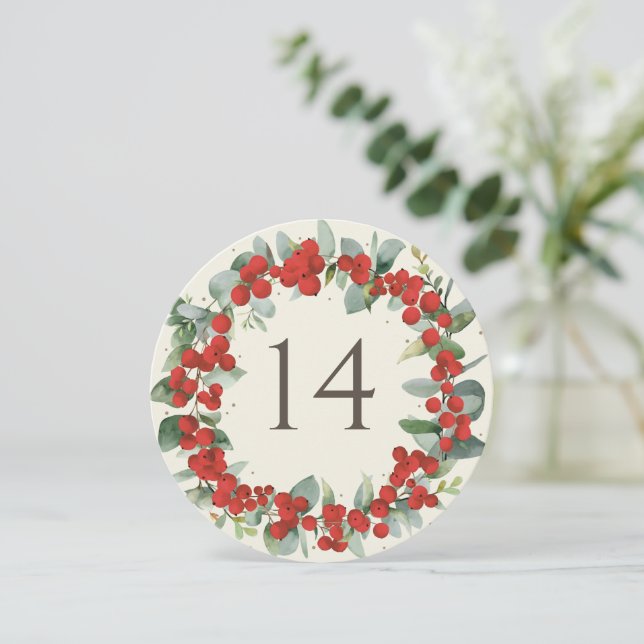 Red Berries+Eucalyptus Christmas Table Number (Standing Front)