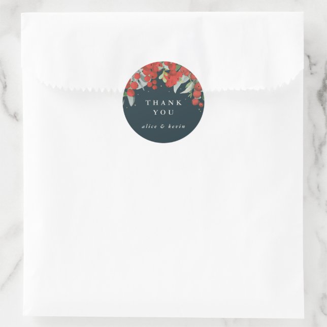 Red Berries + Eucalyptus Christmas Thank You Classic Round Sticker (Bag)