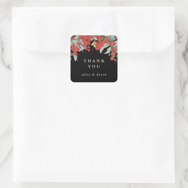 Red Berries + Eucalyptus Christmas Thank You Square Sticker (Bag)