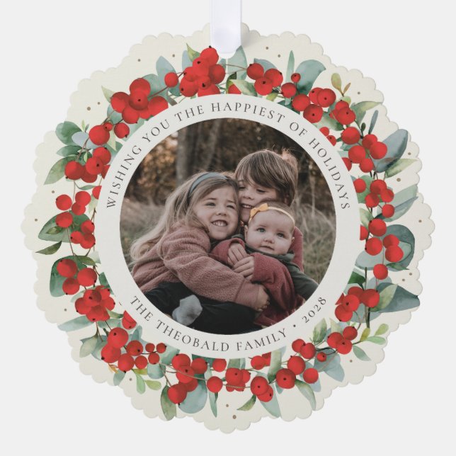 Red Berries + Eucalyptus Holiday Wreath Photo  Tree Decoration Card (Front)