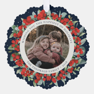 Red Berries + Eucalyptus Holiday Wreath Photo  Tree Decoration Card