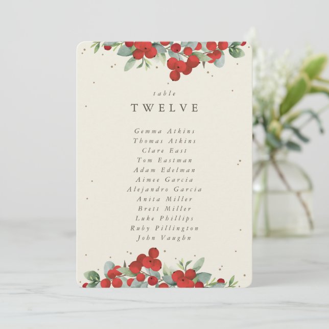 Red Berries+Eucalyptus Table Number Seating Card (Standing Front)