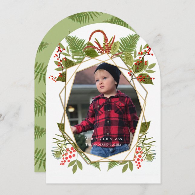 Red Berries Geometric Gold Photo Cards (Front/Back)