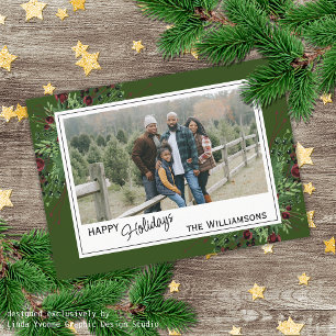 Red Berries Green Holly Cute Botanical Foliage Holiday Card