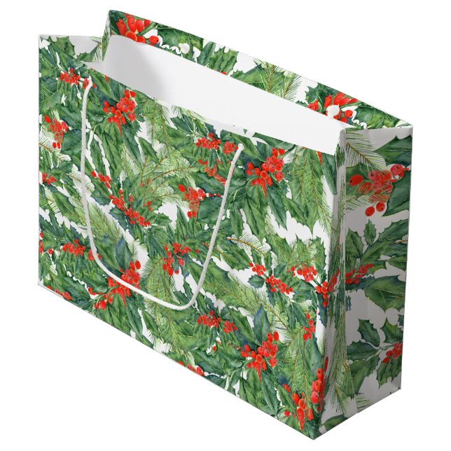 Red Berries Green Holly Floral Christmas Holiday  Large Gift Bag (Front Angled)