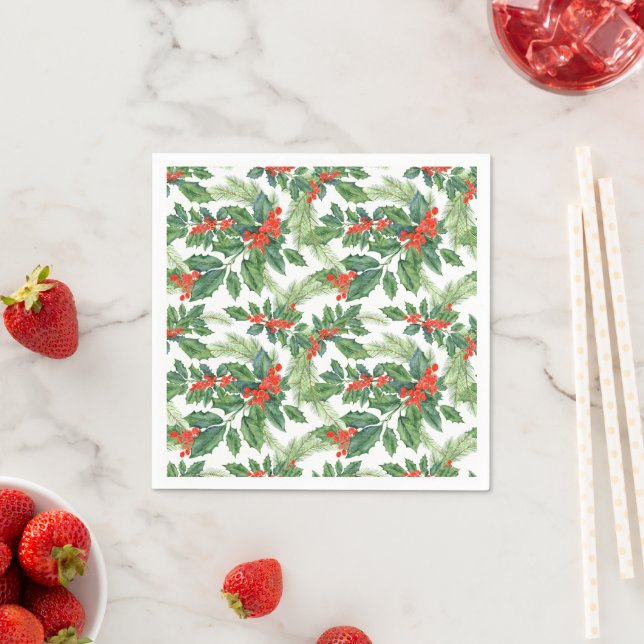 Red Berries Green Holly Floral Christmas Holiday Napkin (Insitu)