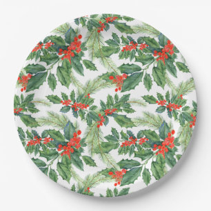 Red Berries Green Holly Floral Christmas Holiday Paper Plate