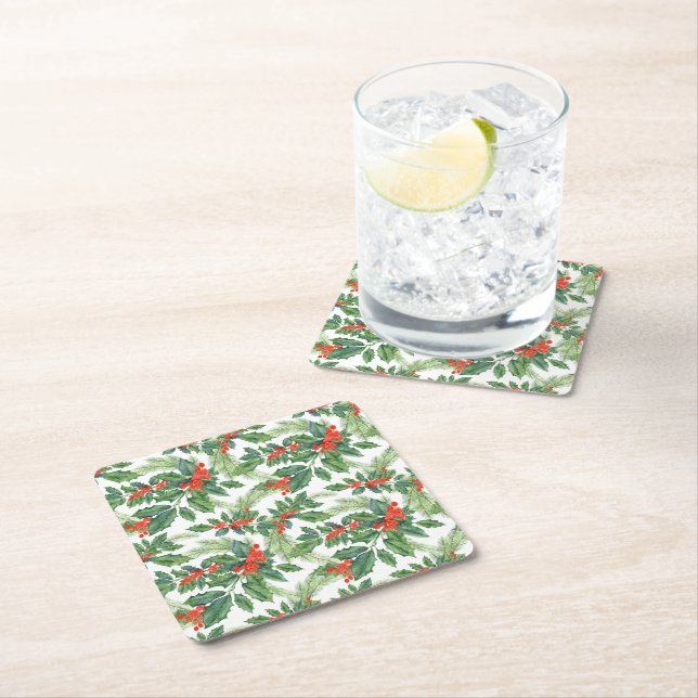 Red Berries Green Holly Floral Christmas Holiday Square Paper Coaster (Insitu)