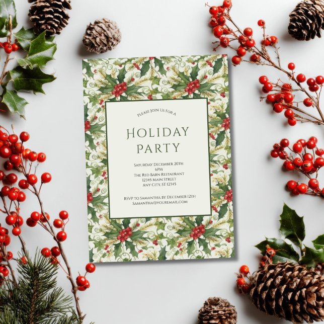 Red Berries Green Holly Holiday Christmas Party Invitation (Red Berries Holly leaves Christmas Holiday party invitation. Business Corporate. Printed or Digital)