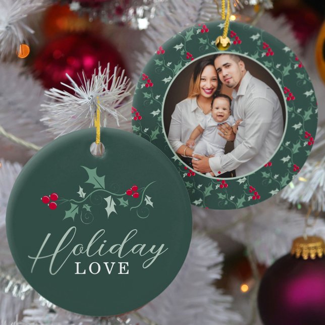 Red berries green holly leaves Christmas photo Ceramic Tree Decoration (Creator Uploaded)