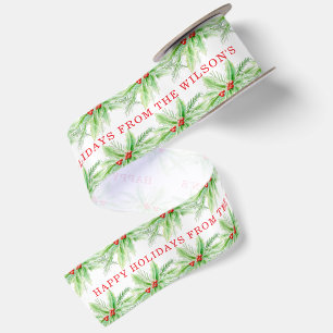 Red berries green holly watercolor art Christmas Satin Ribbon
