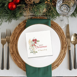Red Berries Greenery Botanical Christmas Party Napkin