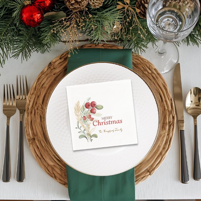 Red Berries Greenery Botanical Christmas Party Napkin (Creator Uploaded)