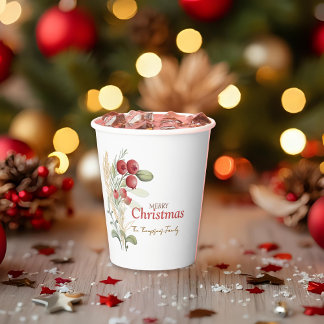 Red Berries Greenery Botanical Christmas Party Paper Cups