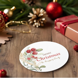 Red Berries Greenery Botanical Christmas Party Round Paper Coaster