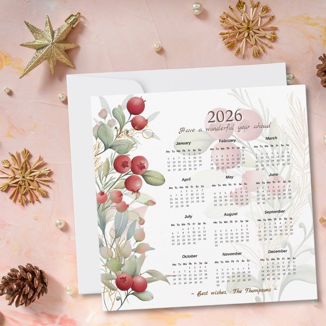 Red Berries Greenery Elegant 2026 Calendar Holiday Card (Creator Uploaded)