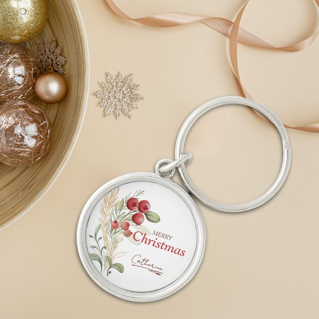 Red Berries Greenery Elegant Name Christmas Key Ring (Creator Uploaded)