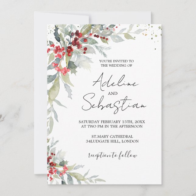 Red Berries Greenery Foliage Wedding Invitation (Front)