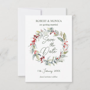 Red Berries Greenery Foliage Wedding Save the Date Invitation