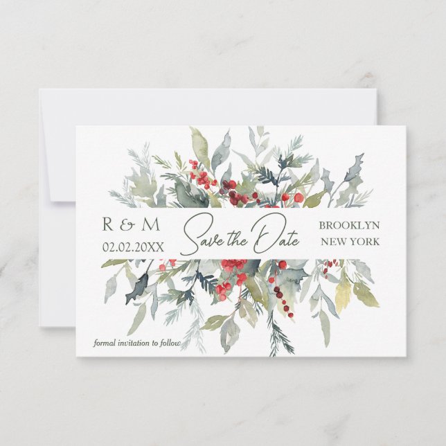 Red Berries Greenery Foliage Wedding Save the Date Invitation (Front)