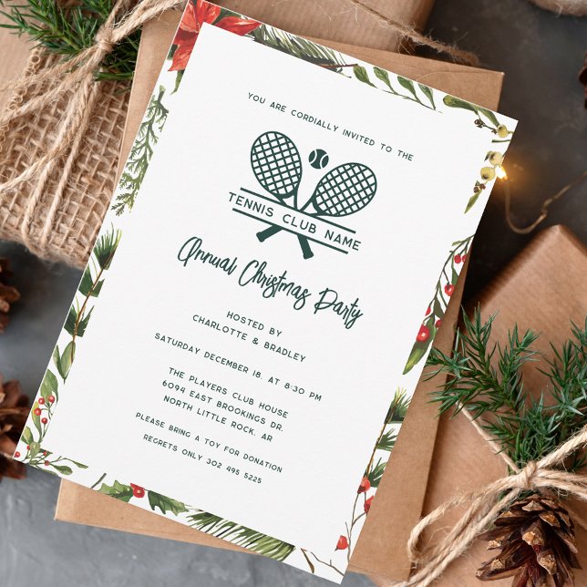 Red Berries Greenery Tennis Club Christmas Party Invitation (Tennis Club Script Botanical Christmas Party Invitation)