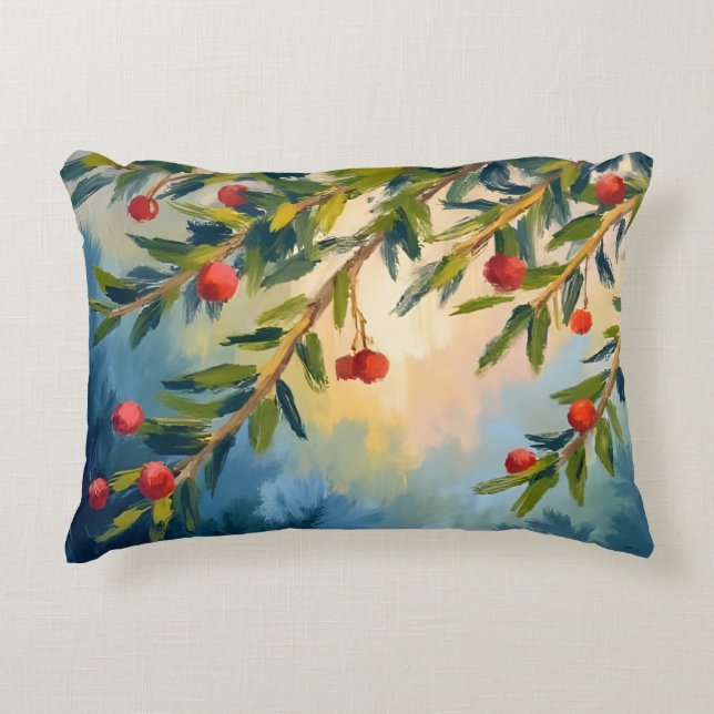 Red Berries & Greenery | Winter Holiday Decorative Cushion (Front)