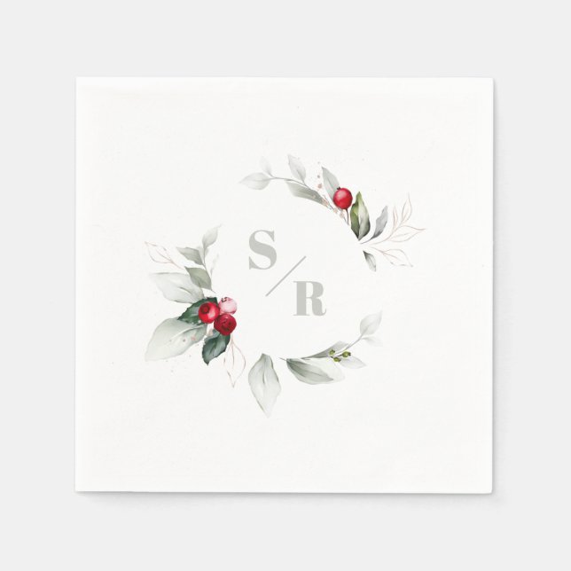 Red Berries Holiday Cheer His & Her Monogram Napkin (Front)