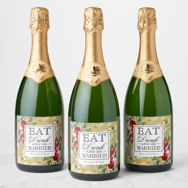 Red Berries Holiday Eat Drink and Be Married Sparkling Wine Label (Bottles)