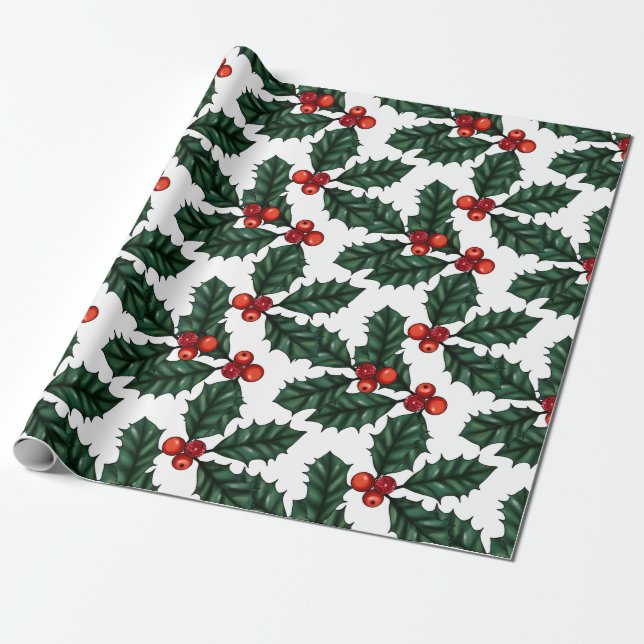Red Berries & Holly Christmas Wrapping Paper (Unrolled)