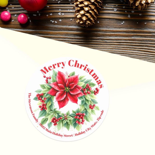 Red Berries Holly Leaves Poinsettias Christmas Classic Round Sticker (Creator Uploaded)