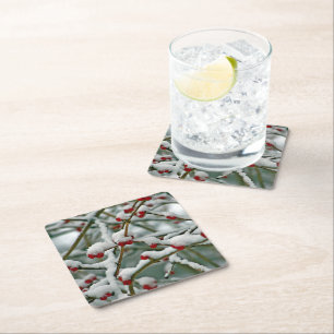 Red Berries in Winter Snow Square Paper Coaster