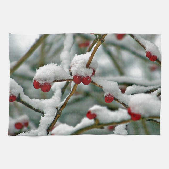 Red Berries in Winter Snow Tea Towel (Horizontal)