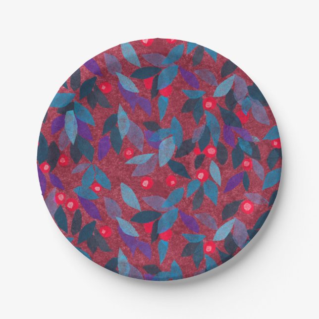 Red Berries Minimal Floral Pattern Simple Botany Paper Plate (Front)