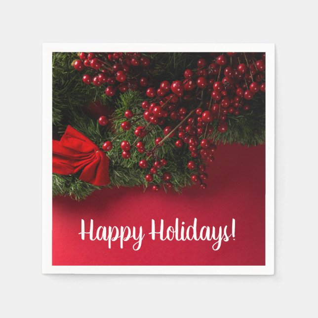 Red Berries & Mistletoe, Christmas Napkin (Front)