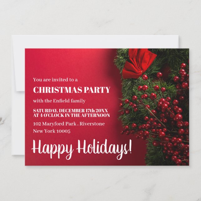 Red Berries & Mistletoe, Christmas Party Invite (Front)