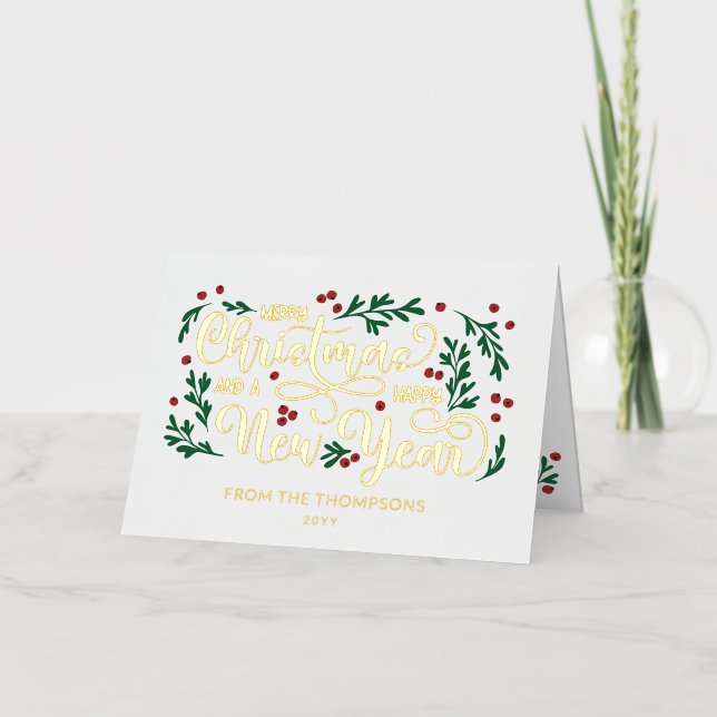 Red Berries Photo Merry Christmas Happy New Year Foil Holiday Card (Front)