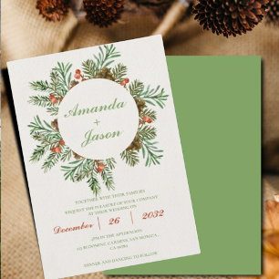 Red Berries Pine Cone Christmas wedding Invitation