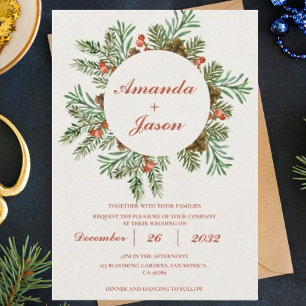 Red Berries Pine Cone Christmas wedding Invitation