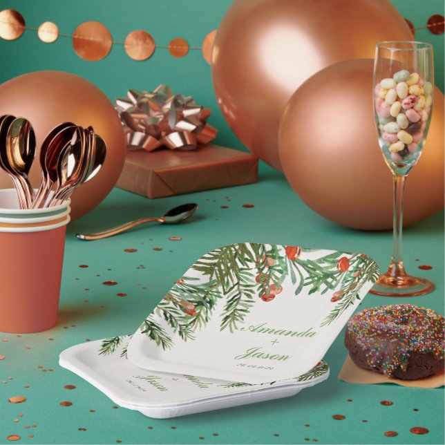 Red Berries Pine Cone Christmas Wedding Party Paper Plate (Multi)