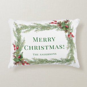 Red Berries Pine Needles Merry Christmas Decorative Cushion